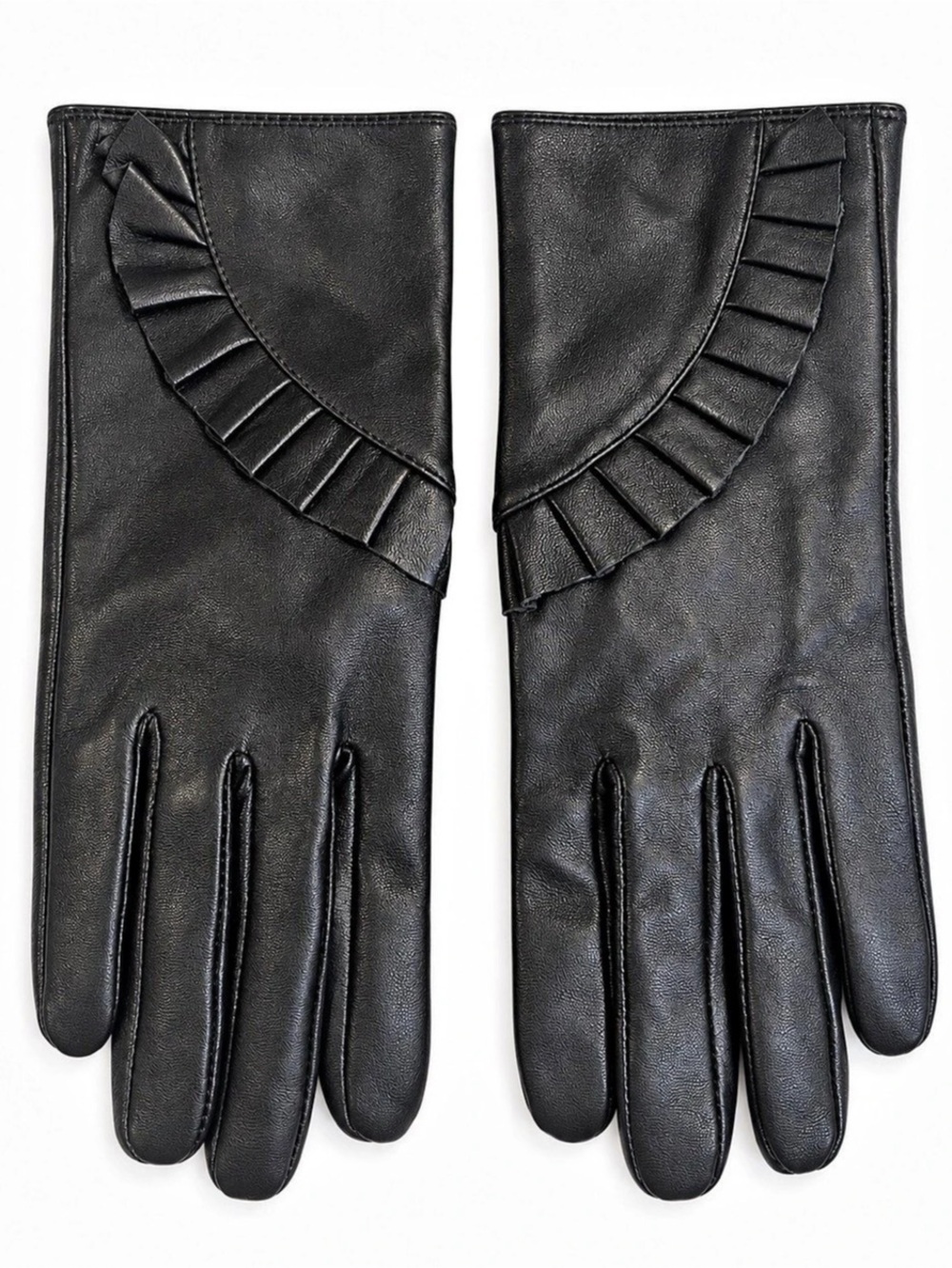 Chico’s L/XL Black Leather Ruffle Trim Dress Gloves Elegant Classic Winter